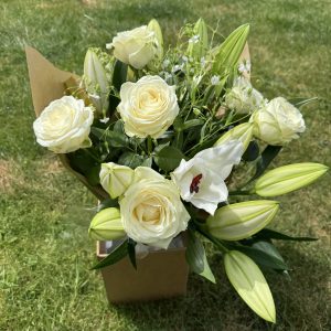 New Forest lily and rose hand tied bouquet - pink and white flowers
