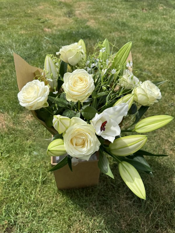 New Forest lily and rose hand tied bouquet - pink and white flowers