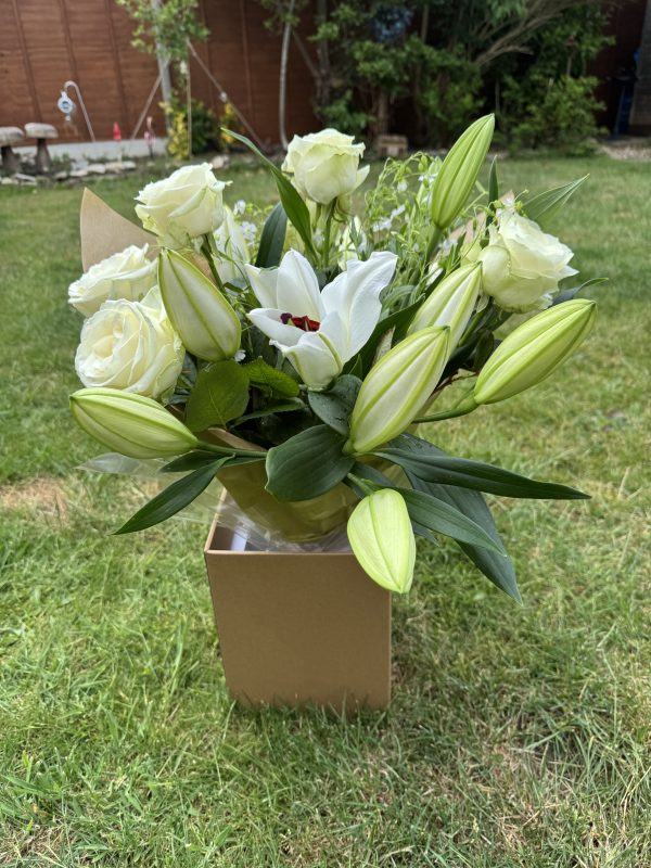 Lily and rose hand tied bouquet - pink and white flowers -New Forest